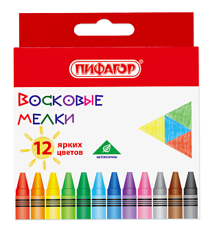 Мелки восковые 12 цветов ПИФАГОР  круглой формы, в картонной упаковке, 7,4 мм круглые х9 см