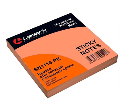 Блок самоклеящийся бумажный Lamark размер 76х76мм, 100 листов, неон розовый