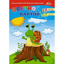 Цветной картон "Апплика" формат А-4, 12 листов 12 цветов, мелованный, односторонний, с клеевым краем, ассорти