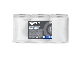 Бумага туалетная 2-х слойная 170 м "Focus Smart Mini Jumbo" диаметр 19 см, диаметр втулки 5,8 см, высота рулона 9,5 см, 100 % -супермягкая  целлюлоза, 12 рул/упак