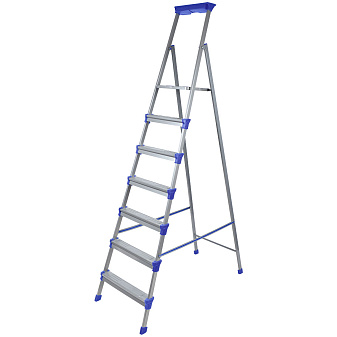 Лестница-стремянка 7 ступеней НИКА СМ7. Материал - металлическая сталь. Рифлёная поверхность ступеней. Глубина ступеней 65 мм, высота 151 см. Максимальная нагрузка до 150 кг, вес 10,1 кг, лоток для инструментов