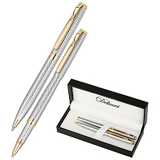 Ручка Delucci "Celeste", 2 шт: ручка шариковая 1мм и ручка-роллер, 0,6мм, синий стержень, корпус: медь, цвет серебро/золото, подарочная коробка