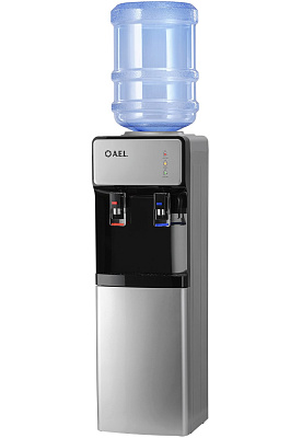 Кулер напольный электронное охлаждение AEL LD-AEL-92c silver/black. Верхняя загрузка. Два крана подачи воды: холодная и горячая. Краны "нажим чашкой". Шкаф объем 9 литров, Цвет: серебристый/черный, Размеры (ШхГхВ), мм: 300x285x950