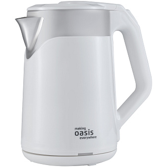 Чайник пластик making Oasis everywhere K-21SPW объем 2 л, мощность 1800 Вт, двойная стенка из нержавеющей стали, корпус из пластика, защита от включения без воды, цвет белый