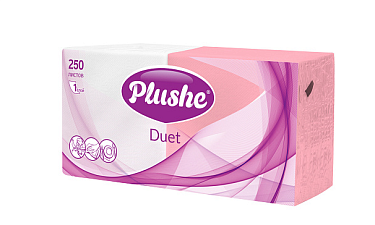 Салфетки бумажные Белый/Розовый 1-слойные "Plushe Duet"  250 листов в упаковке с микротиснением, целлюлоза. Размер: 24х24 см