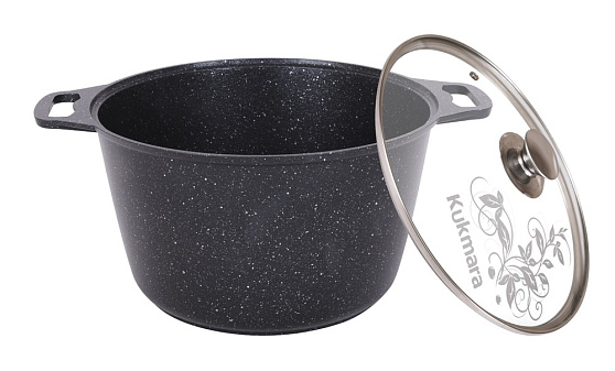 Кастрюля Kukmara кмт652а 6,5 л, литой алюминий, стеклянная крышка, антипригарное покрытие, цвет тёмный мрамор