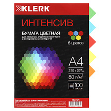 Бумага KLERK формат А-4, плотность 80 г/м2, 100 листов, интенсив, 5 цветов по 20 листов