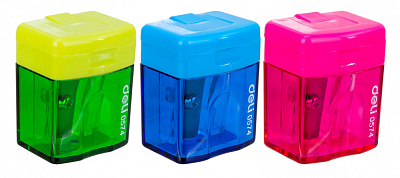 Точилка "Deli E0574 Cubic" одинарная с контейнером, пластиковый корпус, цвет ассорти