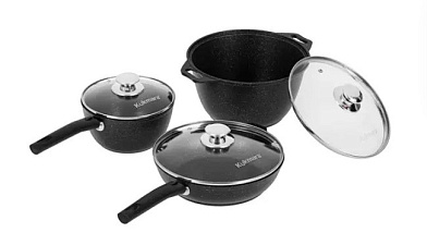 Набор посуды 6 предметов KUKMARA нкп03мт, алюминий, антипригарное покрытие: кастрюля 4л, ковш 1,5л, сковорода 24см, крышка стекло 24см, крышка для кастрюли и ковша, темный мрамор 