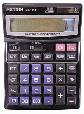 Калькулятор настольный METRIX MX-1914 для бухгалтеров, Тип питания - батарейка АА. Разрядность дисплея - 14. Расчет процентов. Размеры 160x215x35 мм 