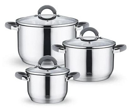 Набор кастрюль 6 предметов LARA Калипсо LR02-130, кастрюли 2,1л, 3,9л, 6,5л, ручки металл/силикон, крышка стекло, нержавеющая сталь, зеркальная полировка, для индукционных плит 