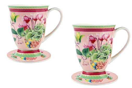 Набор кружек Maxwell & Williams "Цикламен" на 2 персоны, 4 предмета, чашки 300 мл, подставки, материал: фарфор, цвет розовый/цветы