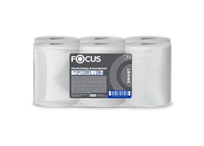 Полотенца бумажные рулонные 2-х слойные 150м белые диаметр 17см, плотность 34 г/м2 на втулке диаметром 3,8см с центральным вытяжным отверстием, без перфорации "Focus Smart Towel Jumboе 6 рулонов в упаковке