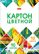 Цветной картон  формат А-4, 10 листов 10 цветов, мелованный, односторонний, на клею, ассорти
