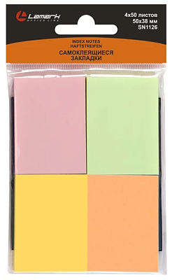 Клейкие закладки флажки бумажные "Lamark", размер 50х38мм, 50л х 4 пастельных цвета, 200 листов