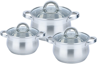 Набор кастрюль 6 предметов Bekker Bella BK-1607, кастрюли 2,1 л, 2,9 л, 3,9 л, с крышками стекло, нержавеющая сталь, внутри зеркальная полировка, внешняя – матовая с зеркальной полосой, для индукционных плит 