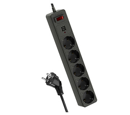 Сетевой фильтр  Космос FKsm  5 розеток, мощность 2200Вт, длина провода 1.8м, номинальный ток 10А, с заземлением, с выключателем, цвет черный