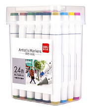Набор маркеров для скетчинга 24 цвета Deli 70801-24, двухсторонние, корпус квадратной формы белого цвета, в пластиковом боксе, наконечник скошенный/тонкий