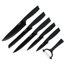 Набор ножей 6 предметов Satoshi Орис, 5 ножей, овощечистка, нержавеющая сталь, лезвия с антибактериальным покрытием, цвет черный 