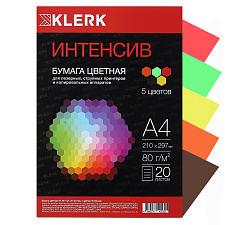 Бумага KLERK формат А-4, плотность 80 г/м2, 20 листов, интенсив, 5 цветов по 4 листа