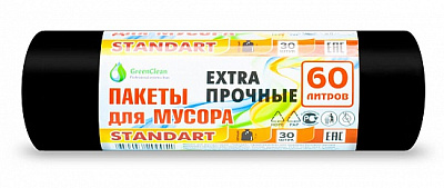Мешки для мусора "MirPack STANDART" ПНД 60л 30шт в рулоне, плотность 6 мкм, размер 57х67 см, черные