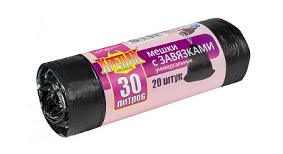 Мешки для мусора "Крепак" 30л 20шт в рулоне с завязками, плотность 12 мкм, размер 50x60 см, черные