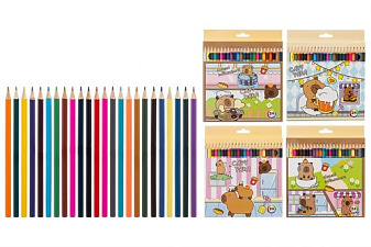 Карандаши цветные 24 цвета "Basir "КАПИБАРА" деревянные, шестигранные, картонная упаковка с европодвесом