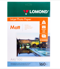 Фотобумага LOMOND А-4, плотность 160 г/м2, матовая, односторонняя, 100 л, для струйных принтеров, арт. 0102005 