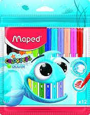 Фломастеры 12 цветов "MAPED Color'Peps Ocean" с заблокированным пишущим узлом, смываемые в пакете с подвесом