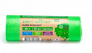 Мешки для мусора "MirPack" ПНД биоразлагаемые 60л 20шт в рулоне, плотность 12 мкм, размер 60х70 см, зеленые