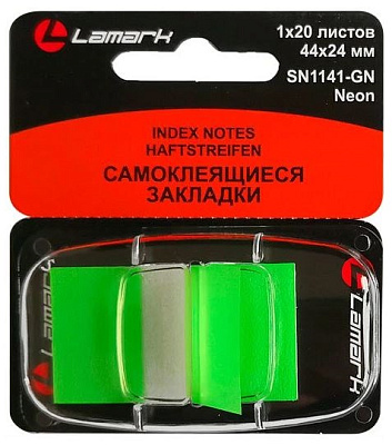 Клейкие закладки пластиковые "Lamark" размер  44х24мм, цвет зеленый, 20 листов в диспенсере Z-сложения