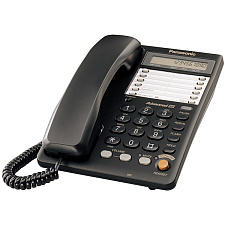Телефон проводной PANASONIC KX-TS2365RUB 16-значный ЖК-дисплей с часами, спикерфон, разъем для гарнитуры, электронный регулятор громкости, индикатор вызова, автодозвон, программируемая кнопка "флэш", цвет черный