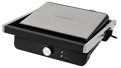 Электрогриль Hyundai HYG-1043 1800Вт, размер жарочной панели – 28 x 23 см. LED-индикаторы работы, ненагревающийся корпус, цвет серебристый/черный