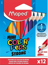 Карандаши цветные 12 цветов  MAPED Mini ColorPeps Strong короткие, длина 88мм, пластиковые, трехгранные, ударопрочные, картонная упаковка с европодвесом