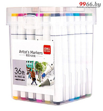 Набор маркеров для скетчинга 36 цвета Deli 70801-36, двухсторонние, корпус квадратной формы белого цвета, в пластиковом боксе, наконечник скошенный/тонкий