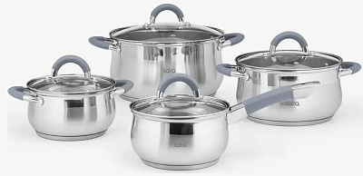 Набор кастрюль 8 предметов LARA BELL, LR02-93 ,кастрюли 1,8л, 3,5л, 6,1л, сотейник 1,8л., комбинированная полировка, крышка стекло, нержавеющая сталь,  для индукционных плит