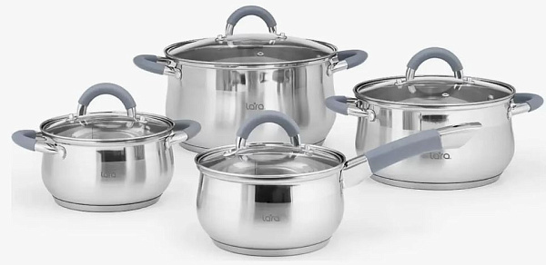 Набор кастрюль 8 предметов LARA BELL, LR02-93 ,кастрюли 1,8л, 3,5л, 6,1л, сотейник 1,8л., комбинированная полировка, крышка стекло, нержавеющая сталь,  для индукционных плит