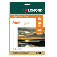 Фотобумага LOMOND А-4, плотность 120 г/м2, матовая, односторонняя, 100 листов, для струйных принтеров.
