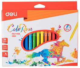 Фломастеры 18 цветов Deli ЕС10010  ColoRun смываемые, вентилируемый колпачок, коробка с европодвесом