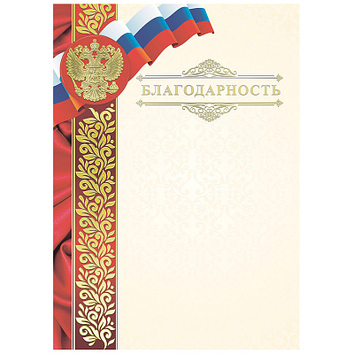 Благодарность с символикой А4, материал картон, тиснение фольгой, плотность: 190 г/кв.м, конгрев.