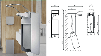 Дозатор локтевой для жидкого мыла и дезинфицирующих.средств 1 л  Все медицинские части – ручка, трубка подачи жидкости, внутренние детали - выполнены из цельной медицинской нержавеющей стали, размеры: 290х95х90 мм