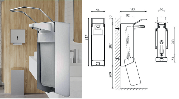 Дозатор локтевой для жидкого мыла и дезинфицирующих.средств 1 л  Все медицинские части – ручка, трубка подачи жидкости, внутренние детали - выполнены из цельной медицинской нержавеющей стали, размеры: 290х95х90 мм