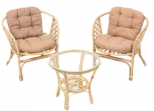 Ротанг Комплект "Индо" кофейный стол(60х60х52 см)+2 кресла(70х48х73 см)(подушки рогожка). Цвет бежевый.