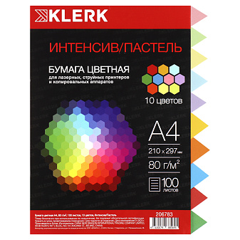 Бумага KLERK формат А-4, плотность 80 г/м2, 100 листов, интенсив+ пастель, 10 цветов по 10 листов