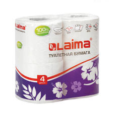 Бумага туалетная 3-х слойная "LAIMA" длина рулона 18 м, белая с тиснением, 100 % - целлюлоза, 4 рул/ упак,