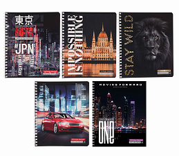 Тетрадь 48 листов А5 в клетку на спирале,  мелованный картон, 5 дизайнов 