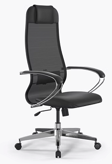 Кресло ErgoLife Sit 10. Обивка - сетка/перфорированная экокожа, цвет черный. Мягкий подголовник. Хромированная крестовина. Механизм Топ-ган. Нагрузка до 150 кг.