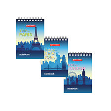 Блокнот формат А-7, 40 листов "Города", блок в клетку, на спирали,  обложка мелованный картон, цвет синий