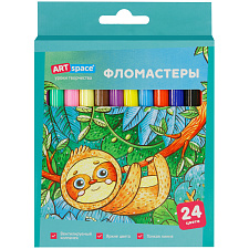 Фломастеры 24 цветов ArtSpace "Милые зверушки" смываемые, вентилируемый колпачок, коробка с европодвесом