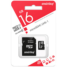 Карта памяти SmartBuy MicroSDHC 16GB UHS-1, Class 10, скорость чтения 30Мб/сек (с адаптером SD) 